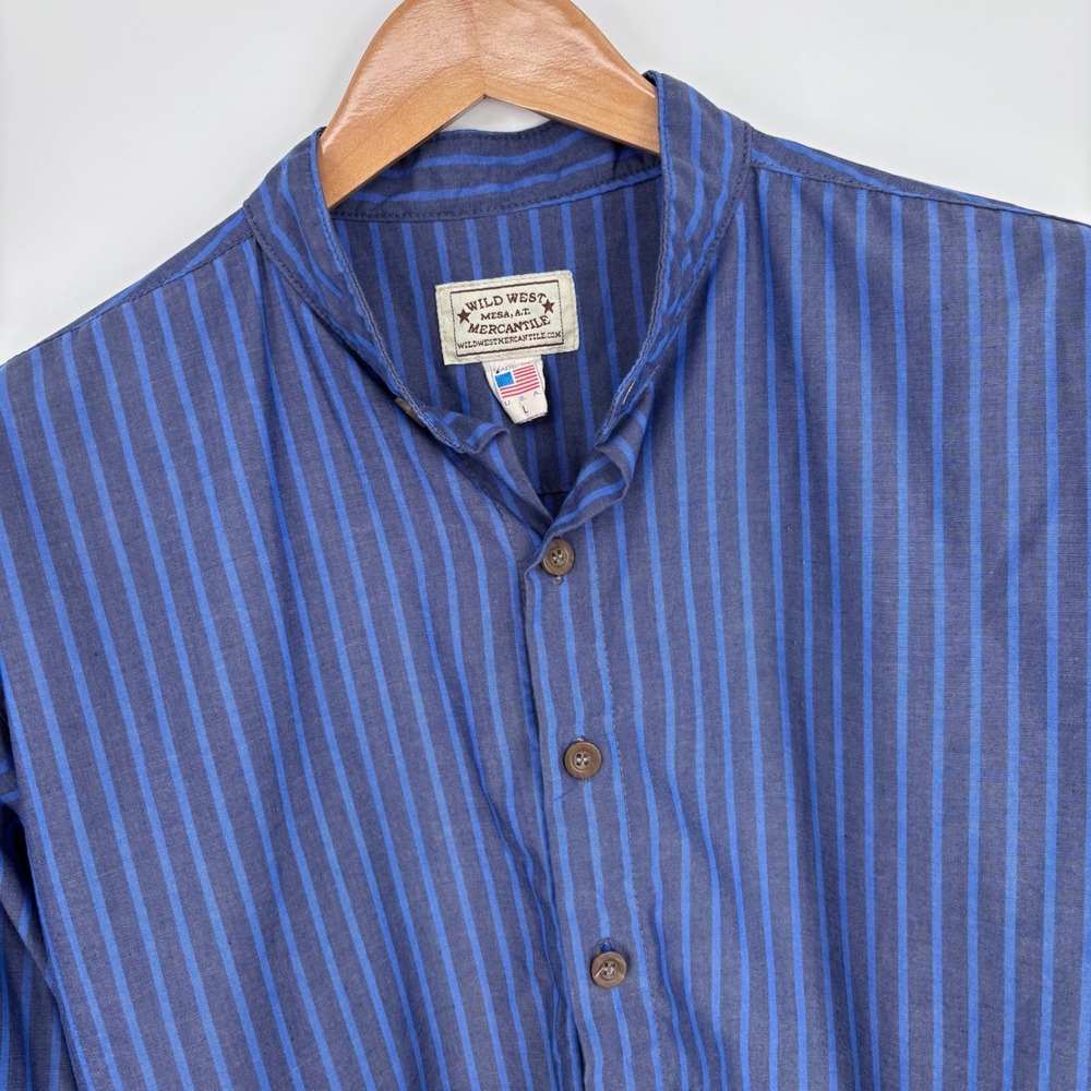 Wild West Mercantile Band Collar Shirt Mens L Blue Striped Cotton Cowboy Western